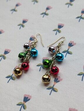 colorful Christmas jingle bell gold hook earrings